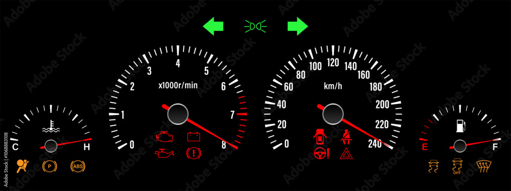 Fototapeta premium Car Dashboard. Car Panel Display. Car Speedometer Dashboard. Tachometer or Odometer Display. High Speed Concept. Vector Illustration.