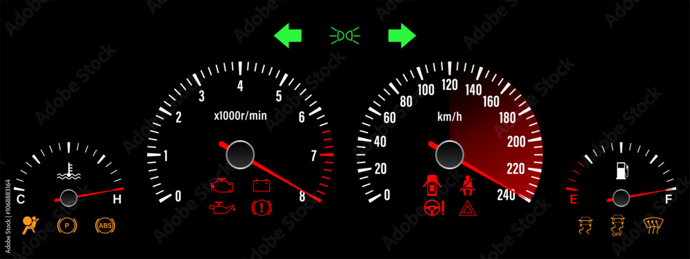 Fototapeta premium Car Dashboard. Car Panel Display. Car Speedometer Dashboard. Tachometer or Odometer Display. High Speed Concept. Vector Illustration.