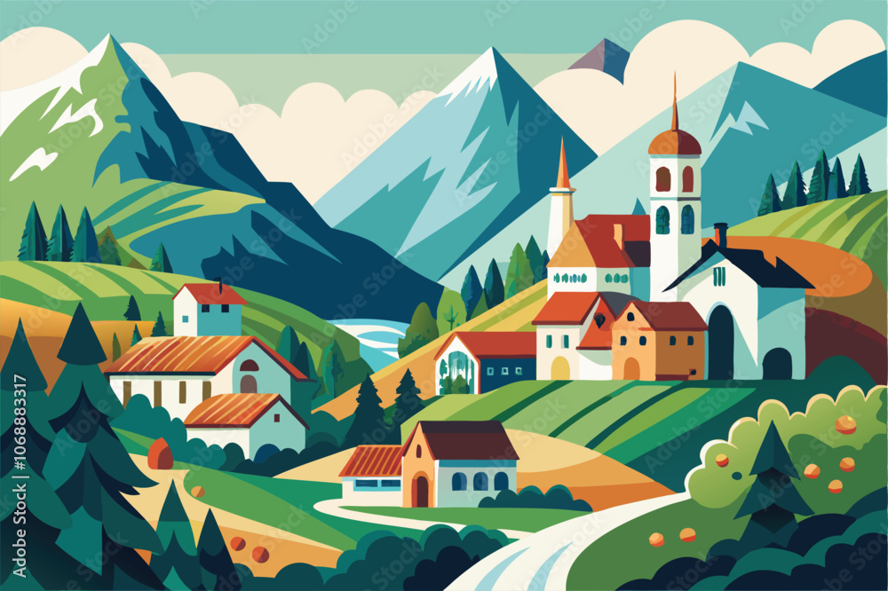 Naklejka premium charming vector illustration of a mountainous village with church and scenic landscape.