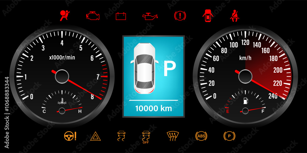 Fototapeta premium Car Dashboard. Car Panel Display. Car Speedometer Dashboard. Tachometer or Odometer Display. High Speed Concept. Vector Illustration.