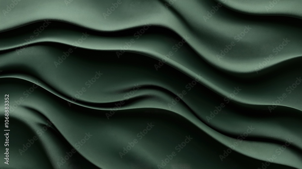 Abstract image of dark green silky fabric with smooth, flowing waves and highlights, creating a sense of texture and movement in the material. Abstract image of dark green silky fabric with smooth, flowing waves and highlights, creating a sense of texture and movement in the material.