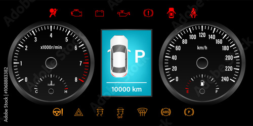 Car Dashboard. Car Panel Display. Car Speedometer Dashboard. Tachometer or Odometer Display. Vector Illustration.