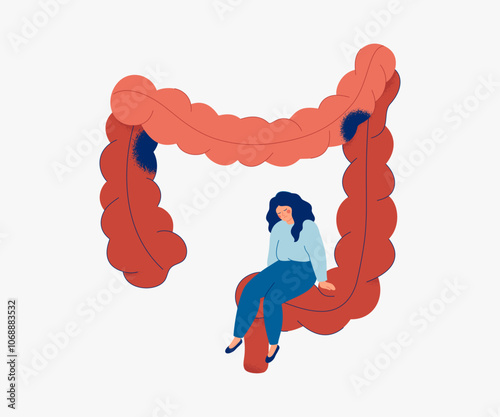 Sad woman sits on big unhealthy intestine. Bad microbiome colon function, Chronic disorder and Colorectal cancer. Creativity flat medical vector illustration