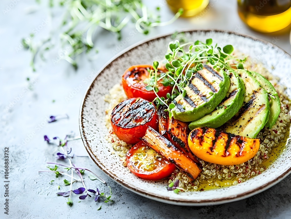 Quinoa Dish with Grilled Vegetables and Avocado Beautifully Plated with Microgreens and Olive Oil Healthy Food Concept with Copy Space Quinoa Dish with Grilled Vegetables and Avocado Beautifully Plated with Microgreens and Olive Oil Healthy Food Concept with Copy Space