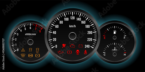 Car Dashboard. Car Panel Display. Car Speedometer Dashboard. Tachometer or Odometer Display. Vector Illustration.