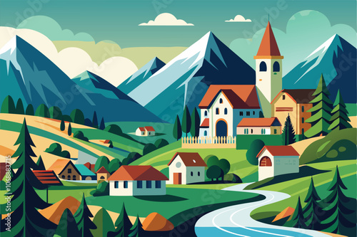 charming vector illustration of a mountainous village with church and scenic landscape.