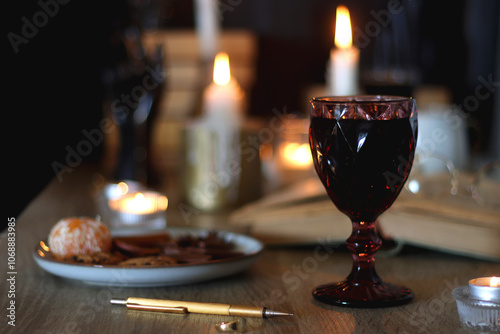 Books, lit candles, red wine, snacks and various deocration on the table. Dark academia or Halloween concept. Selective focus. photo