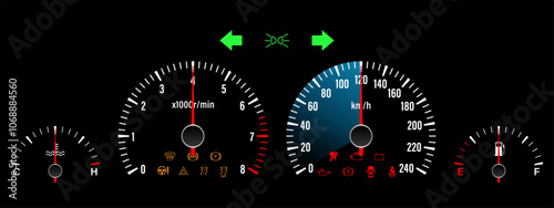 Car Dashboard. Car Panel Display. Car Speedometer Dashboard. Tachometer or Odometer Display. Vector Illustration.