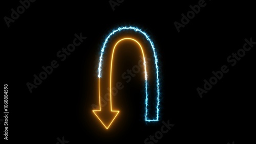 U-turn arrow icon in neon electric blue and orange color. Flat style arrows in different directions on black background. Neon line down arrow animation. Turn down arrow.