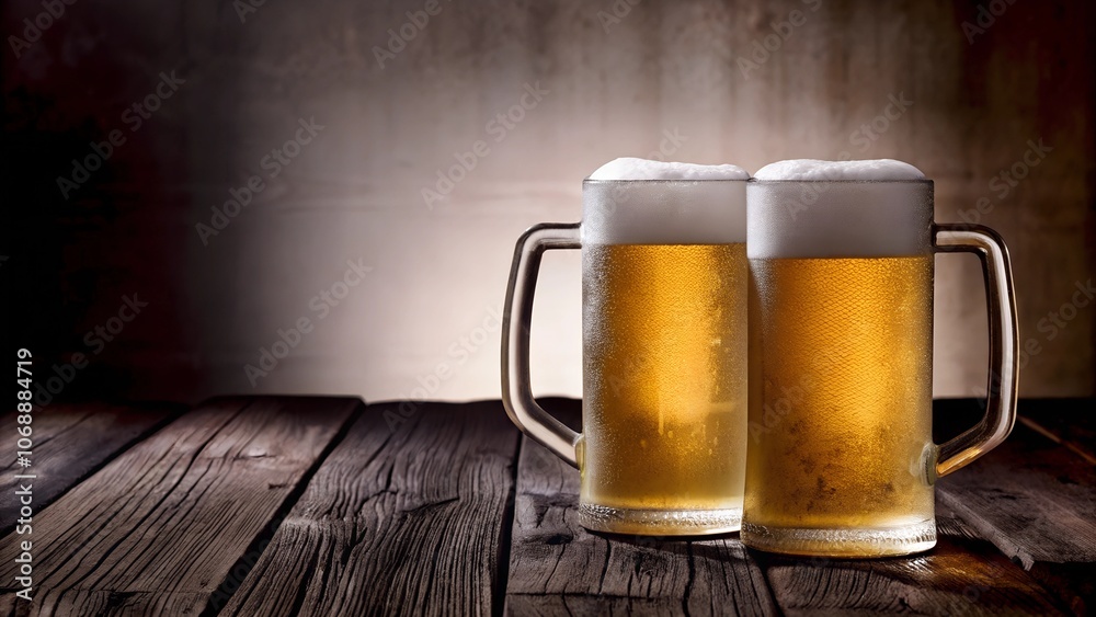 Rustic Charm: Two Frothy Beer Mugs on an Aged Wooden Table in a Cozy Pub Rustic Charm: Two Frothy Beer Mugs on an Aged Wooden Table in a Cozy Pub