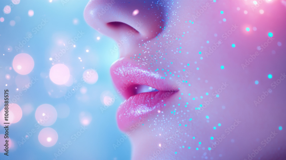 dreamy close up of woman lips and nose surrounded by sparkling lights, creating magical and ethereal atmosphere dreamy close up of woman lips and nose surrounded by sparkling lights, creating magical and ethereal atmosphere