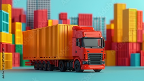 A vibrant model truck in front of colorful shipping containers, showcasing a miniature logistics environment in bright, playful colors.