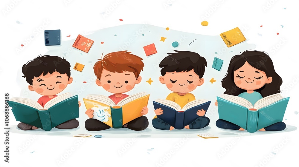 Happy children reading under a colorful book-themed banner, National Read Across America Day in school