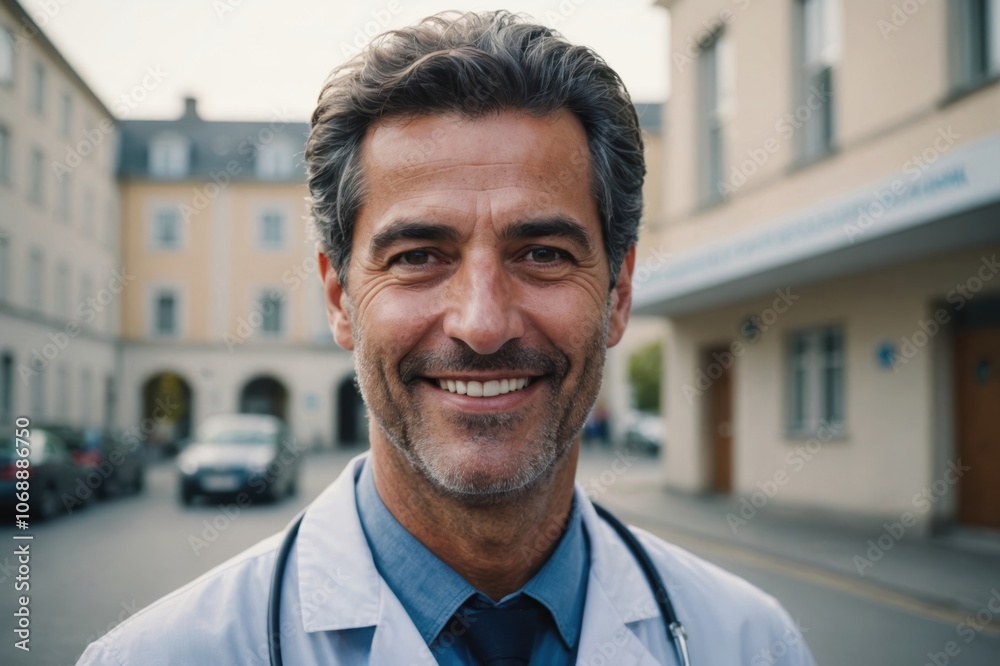 Close portrait of a smiling 40s Portuguese man doctor looking at the camera, Portuguese hospital blurred background Close portrait of a smiling 40s Portuguese man doctor looking at the camera, Portuguese hospital blurred background