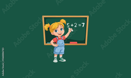 Happy girl solving math on chalkboard in classroom