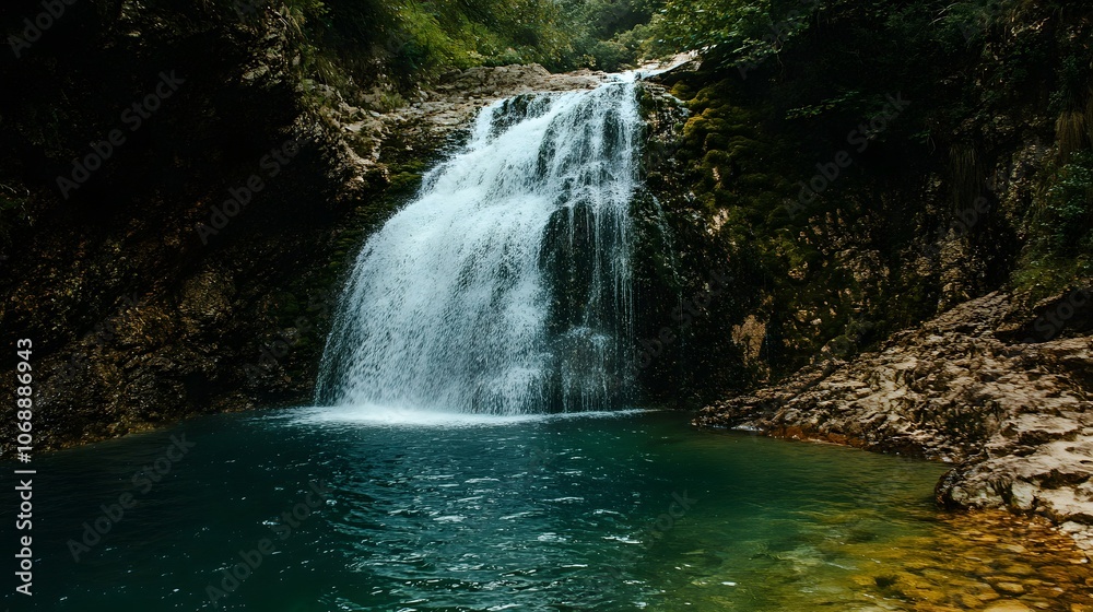 Cascading Waterfall Flowing Through Lush Tropical Forest Scenic Landscape Cascading Waterfall Flowing Through Lush Tropical Forest Scenic Landscape