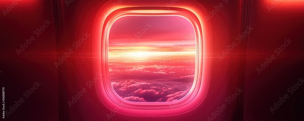 Airplane window view with blank sky area for text overlay, travel graphic space, inflight vibes Airplane window view with blank sky area for text overlay, travel graphic space, inflight vibes
