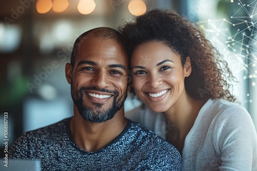 A couple smiles brightly at a cozy café, enjoying each other's company on a weekend afternoon