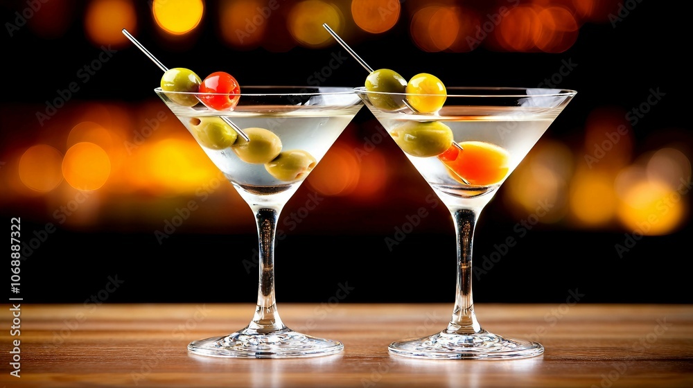 Two Dirty Martinis with Olives in Bar Setting Two Dirty Martinis with Olives in Bar Setting