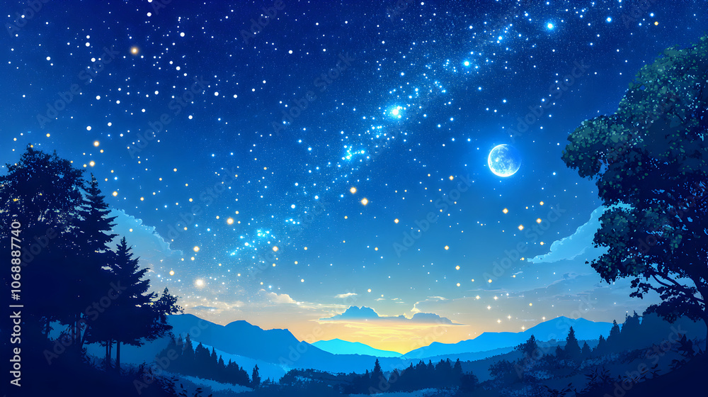 Obraz premium Winter wonderland: A snowy landscape with majestic mountains under a starry night sky