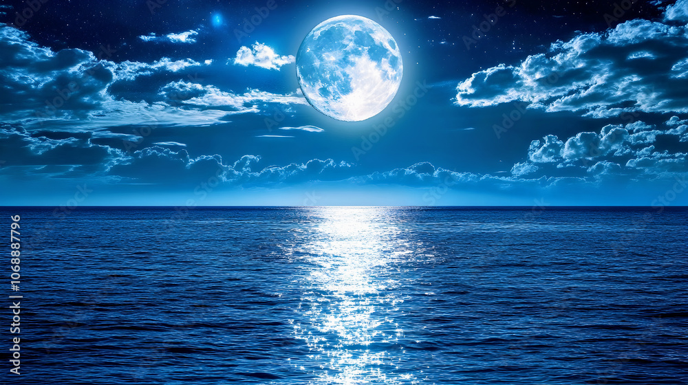Tranquil lunar reflections dance on the ocean's serene surface Tranquil lunar reflections dance on the ocean's serene surface