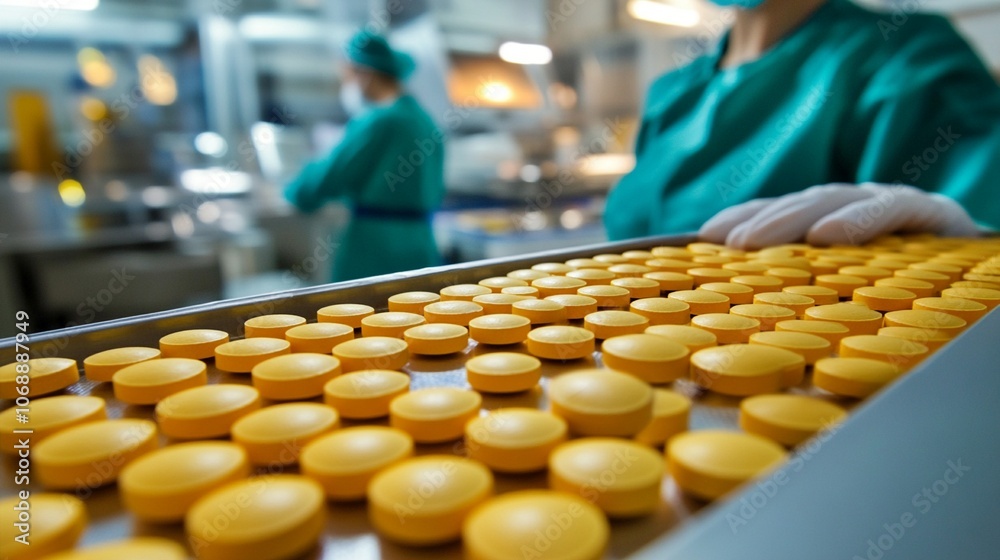 Pharmaceutical production line with rows of yellow pills being inspected by workers in protective gear, showcasing modern medicine manufacturing process. Pharmaceutical production line with rows of yellow pills being inspected by workers in protective gear, showcasing modern medicine manufacturing process.