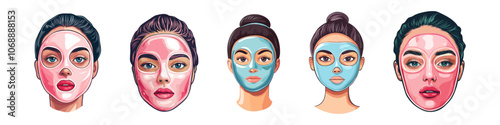 Set of woman with a cosmetic mask on her face. Vector illustration. Skin care. Applying facial blue and pink mask. A young girl with a mask on her face. Cosmetic procedure at home, care, hydrogel mask