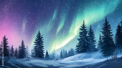 Enchanting Aurora Borealis Display over Snowy Winter Forest Landscape at Dusk