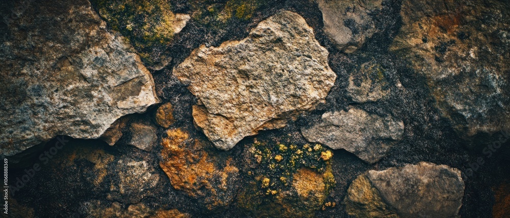 Obraz premium A textured close-up of various stones and rocks, showcasing natural patterns and colors.