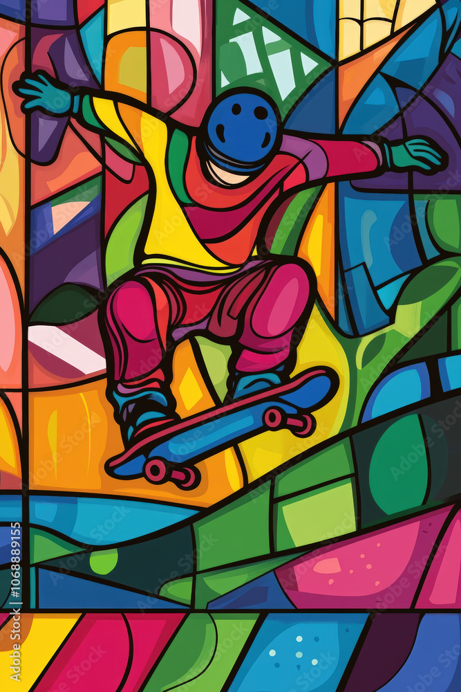 Stained Glass Style Skateboarder Performing a Jump in Colorful Design
Stained Glass Style Skateboarder Performing a Jump in Colorful Design