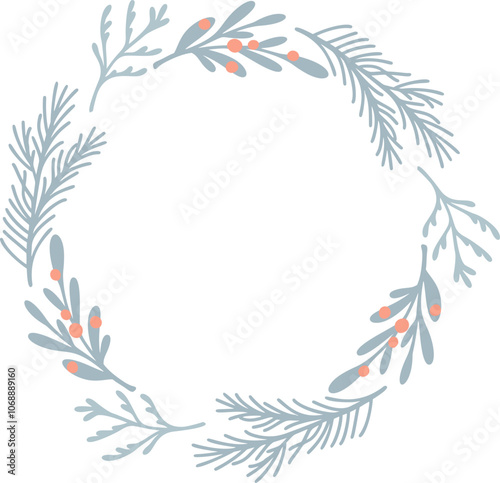 Christmas wreath with holly, berries, and pine branches creating festive decoration frame for holiday winter cards
