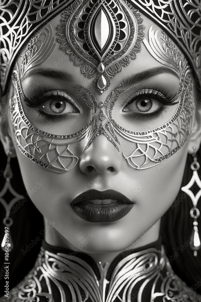 A black and white fantasy artwork of a close-up of a woman's face with various ornaments and tattoos - Generative AI A black and white fantasy artwork of a close-up of a woman's face with various ornaments and tattoos - Generative AI
