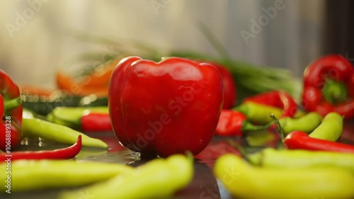 Slow motion as a red pepper spins around on a table among fresh vegetables for cooking. High quality FullHD footage