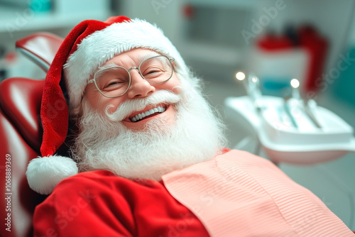 Smiling Santa Claus in dentist chair, blurred background of dentist office