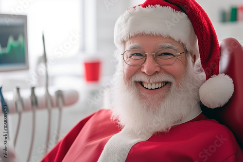 Smiling Santa Claus in dentist chair, blurred background of dentist office