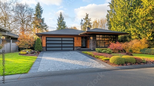 Modern house with landscaping and driveway in a suburban setting.