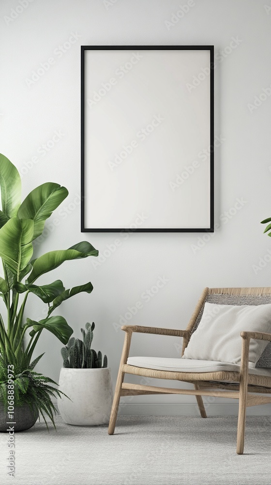 Minimalist living room corner with empty black frame, wooden armchair, and lush green plants creating a serene and inviting atmosphere for relaxation. Minimalist living room corner with empty black frame, wooden armchair, and lush green plants creating a serene and inviting atmosphere for relaxation.
