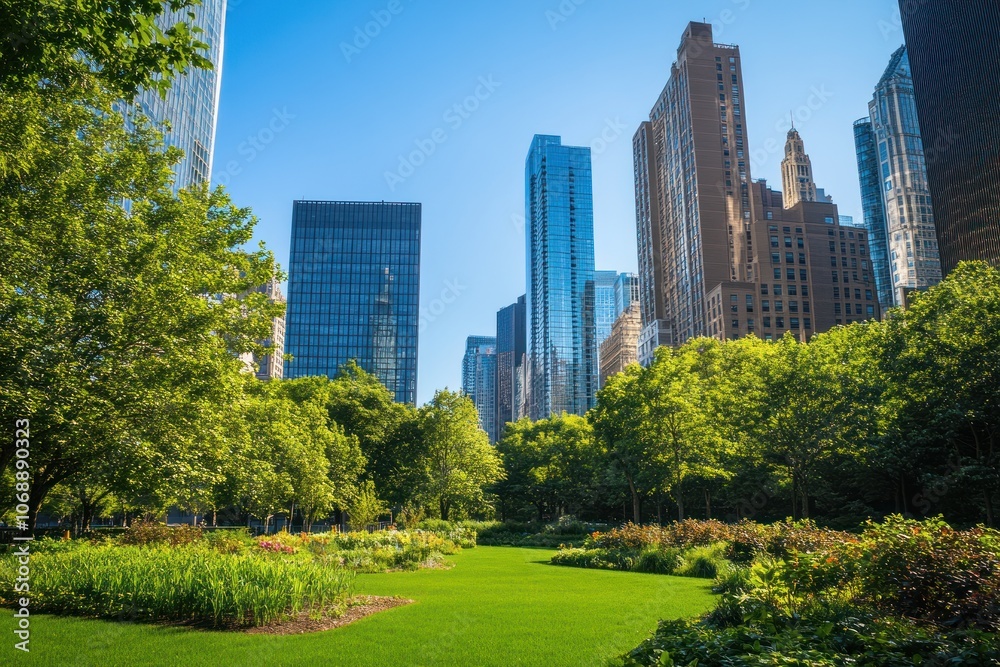Obraz premium A vibrant urban park surrounded by towering skyscrapers under a clear blue sky.