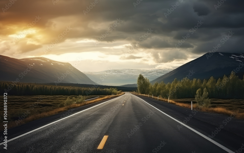 Scenic Highway Through Mountains at Sunset