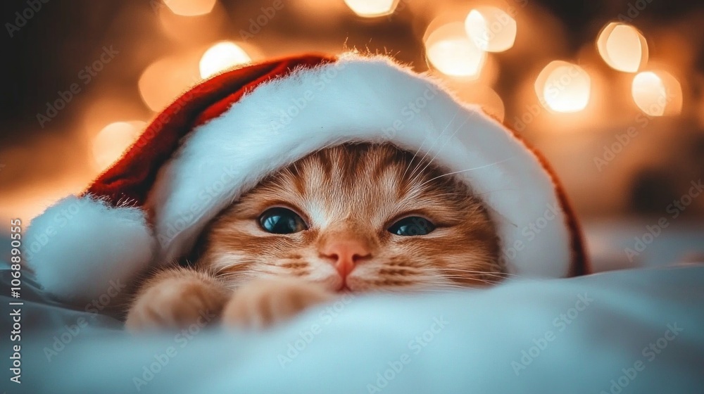 Festive kitten in santa hat relaxing amidst warm holiday lights