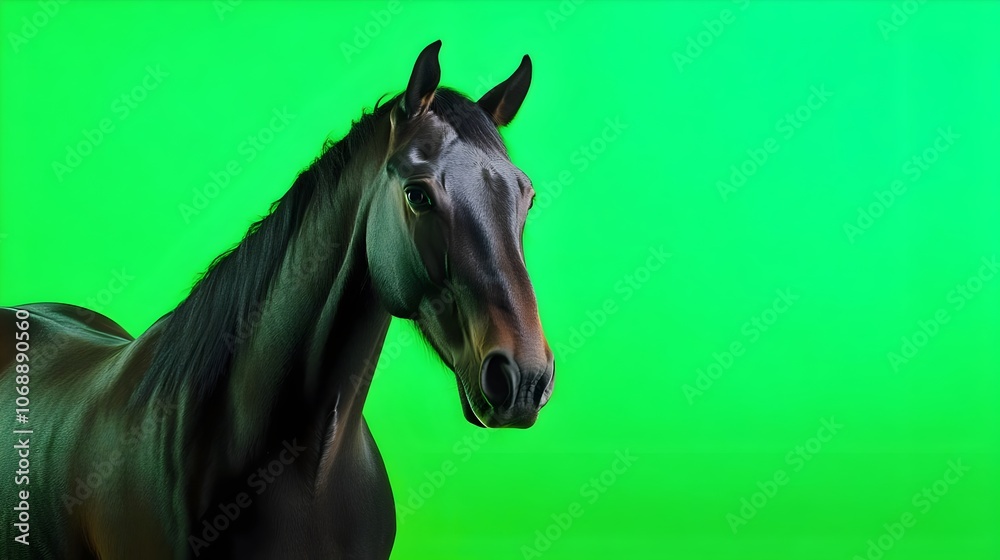 Fototapeta premium Portrait of a horse on a green background in the studio. Horse with green screen, chroma screen background image. Horse Studio photo, image . Concept for animal, zoology and capture for adverb. banner