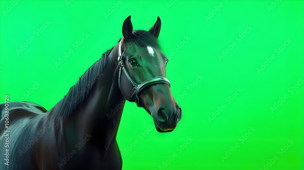 Obraz premium Portrait of a horse on a green background in the studio. Horse with green screen, chroma screen background image. Horse Studio photo, image . Concept for animal, zoology and capture for adverb. banner