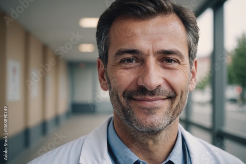 Close portrait of a smiling 40s Serbian man doctor looking at the camera, Serbian hospital blurred background