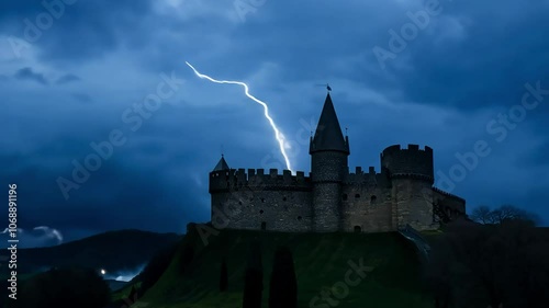 Approaching storm brings dramatic lightning strikes over a medieval castle perched on a hill, set against a backdrop of dark clouds and an ominous evening sky photo