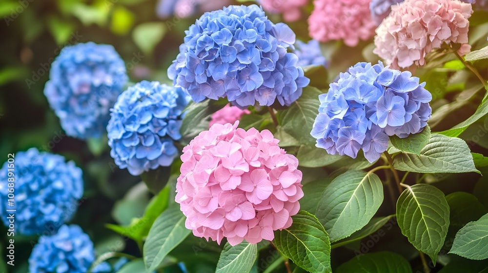 Vibrant Pink and Blue Hydrangea Flowers Blooming in Lush Garden Vibrant Pink and Blue Hydrangea Flowers Blooming in Lush Garden