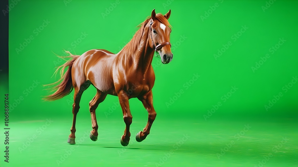 Obraz premium Portrait of a horse on a green background in the studio. Horse with green screen, chroma screen background image. Horse Studio photo, image . Concept for animal, zoology and capture for adverb. banner