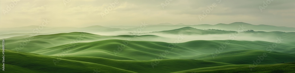 A foggy mountain range with a misty atmosphere. The mountains are covered in green grass and trees A foggy mountain range with a misty atmosphere. The mountains are covered in green grass and trees