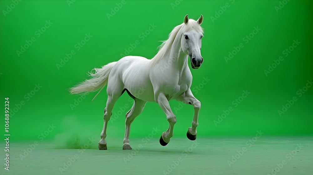 Obraz premium Portrait of a horse on a green background in the studio. Horse with green screen, chroma screen background image. Horse Studio photo, image . Concept for animal, zoology and capture for adverb. banner