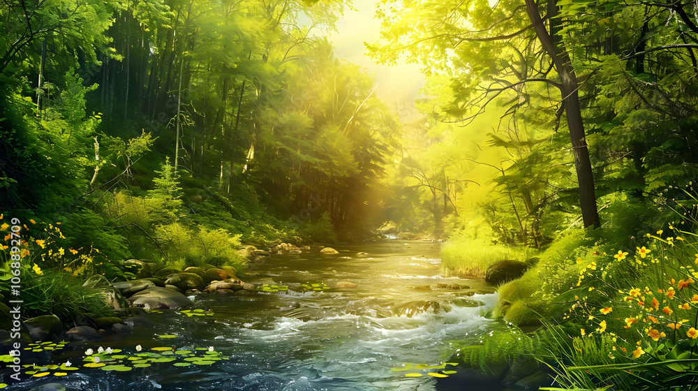 Fototapeta premium Tranquil Forest River Scene with Sunlight Filtering Through Trees 