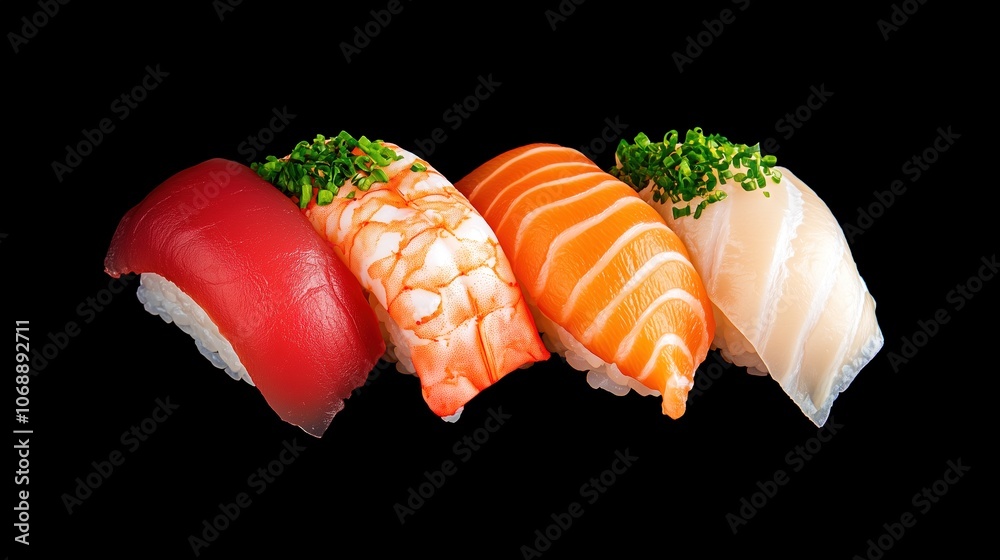 Four kinds of nigiri sushi on black background. Four kinds of nigiri sushi on black background.